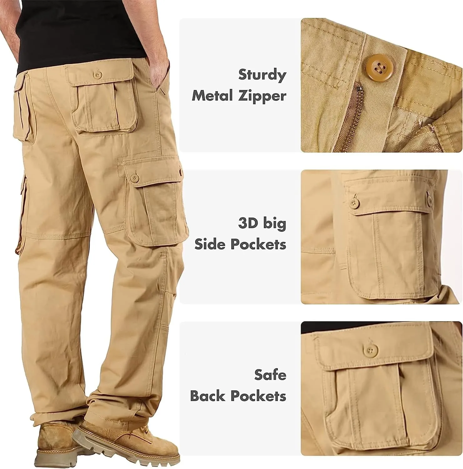 Cargo Pants for Men Relaxed Fit Casual Work Trousers Cotton Hiking Tactical Pants with 6 Pockets (33,Khaki)