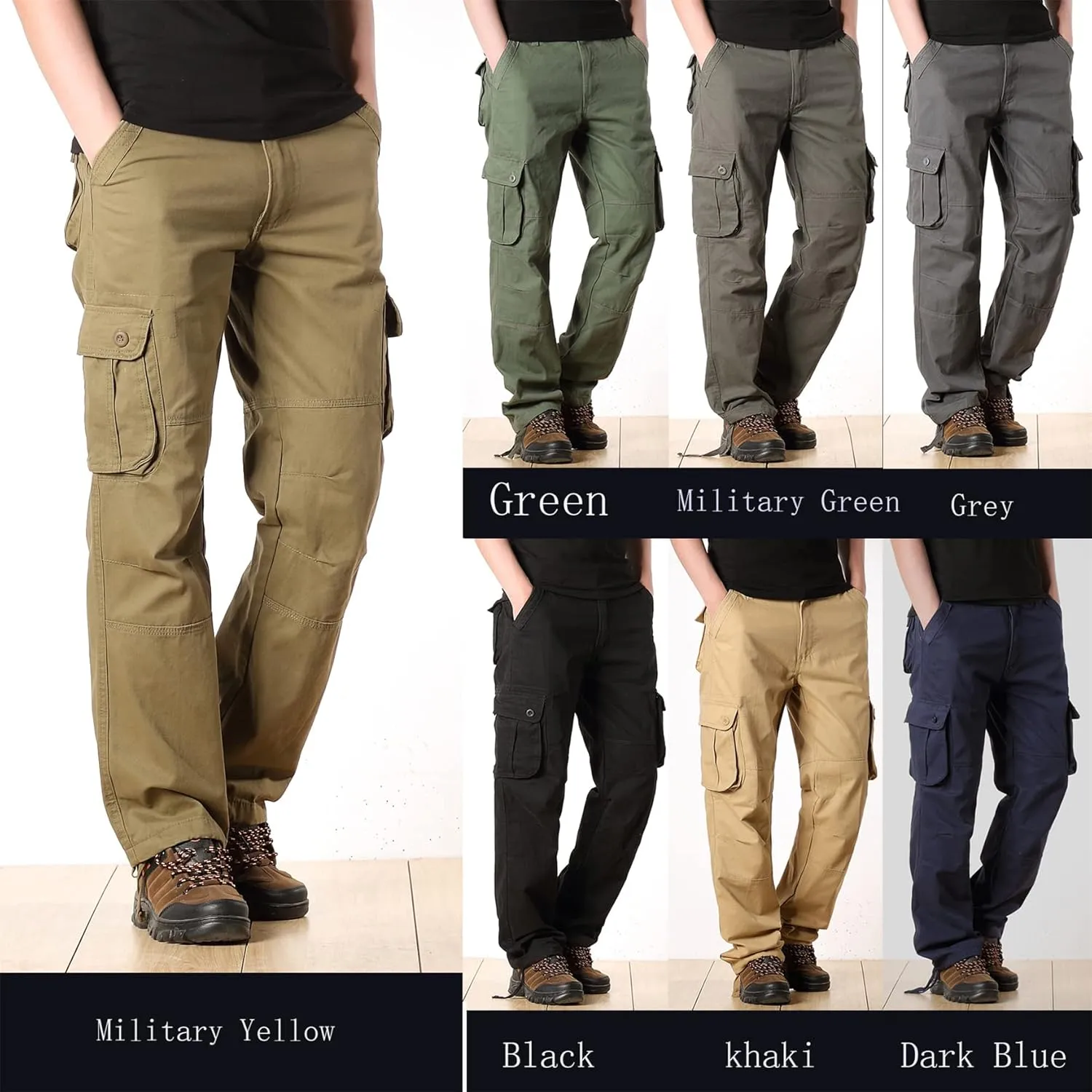 Cargo Pants for Men Relaxed Fit Casual Work Trousers Cotton Hiking Tactical Pants with 6 Pockets (33,Khaki)