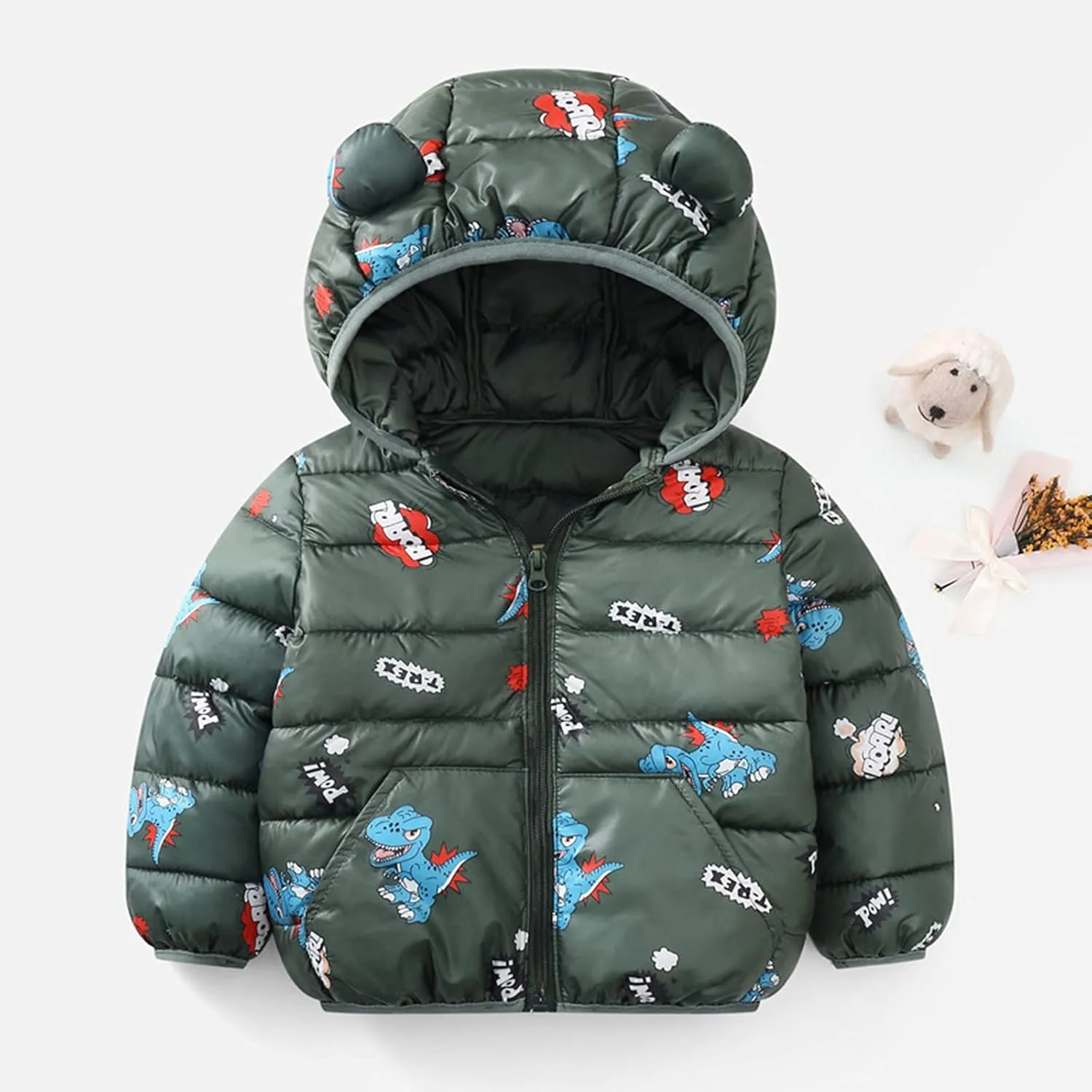 Cartoon Ears Coat Toddler Fall Jacket Down Coat Puffer Jacke 6M-4T Boy Girl Warmth Jacket Windproof Outerwear (Green, 12-18 Months)