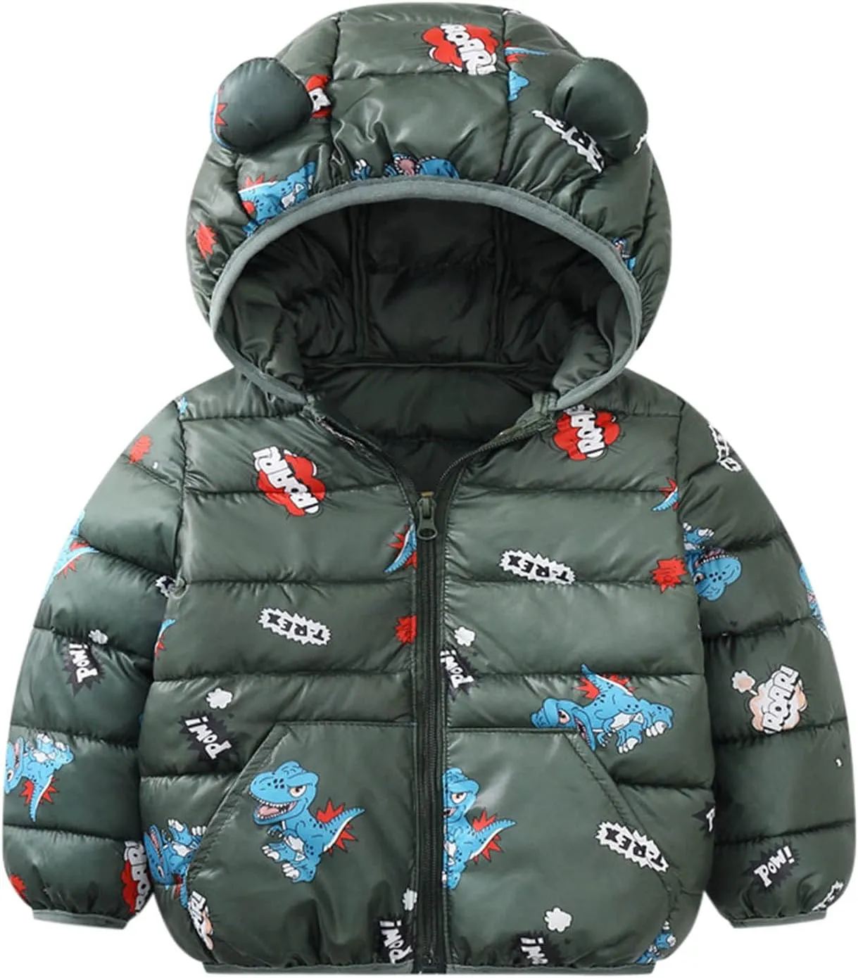 Cartoon Ears Coat Toddler Fall Jacket Down Coat Puffer Jacke 6M-4T Boy Girl Warmth Jacket Windproof Outerwear (Green, 12-18 Months)