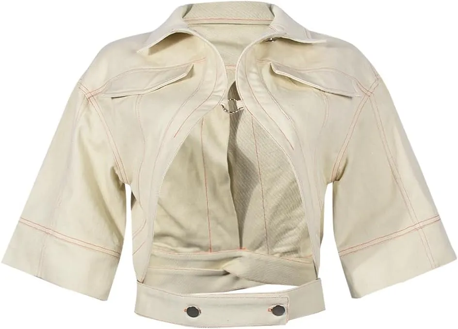 Casual Women Cropped Jacket Summer Cutout Short Sleeve White Jean Crop Jackets Y2K