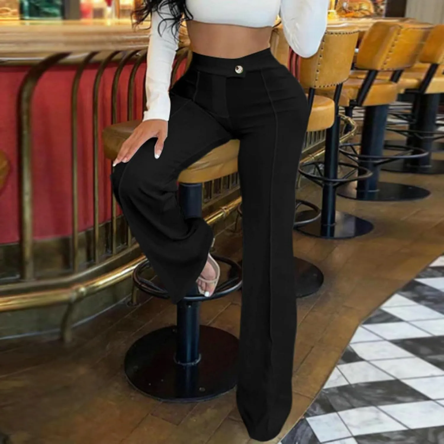 Casual Women Pants Women's Solid Color Wide-Leg High Waist Loose Fit Soft Breathable Trousers for Business