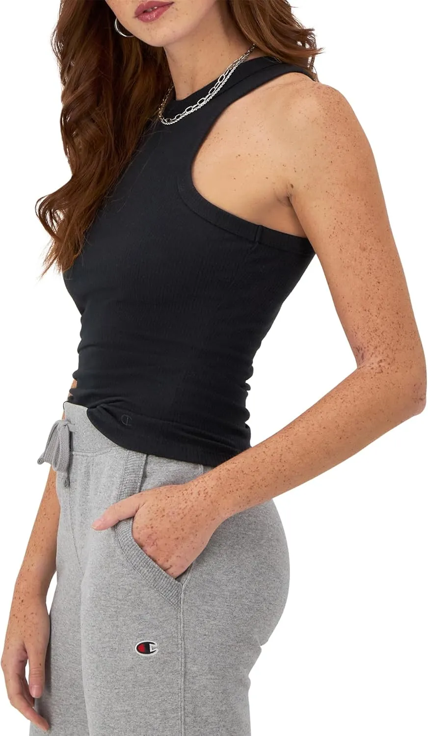 Champion Women's Tank Top, Ribbed High Neck Tank Top, Fitted Sleeveless Top for Women