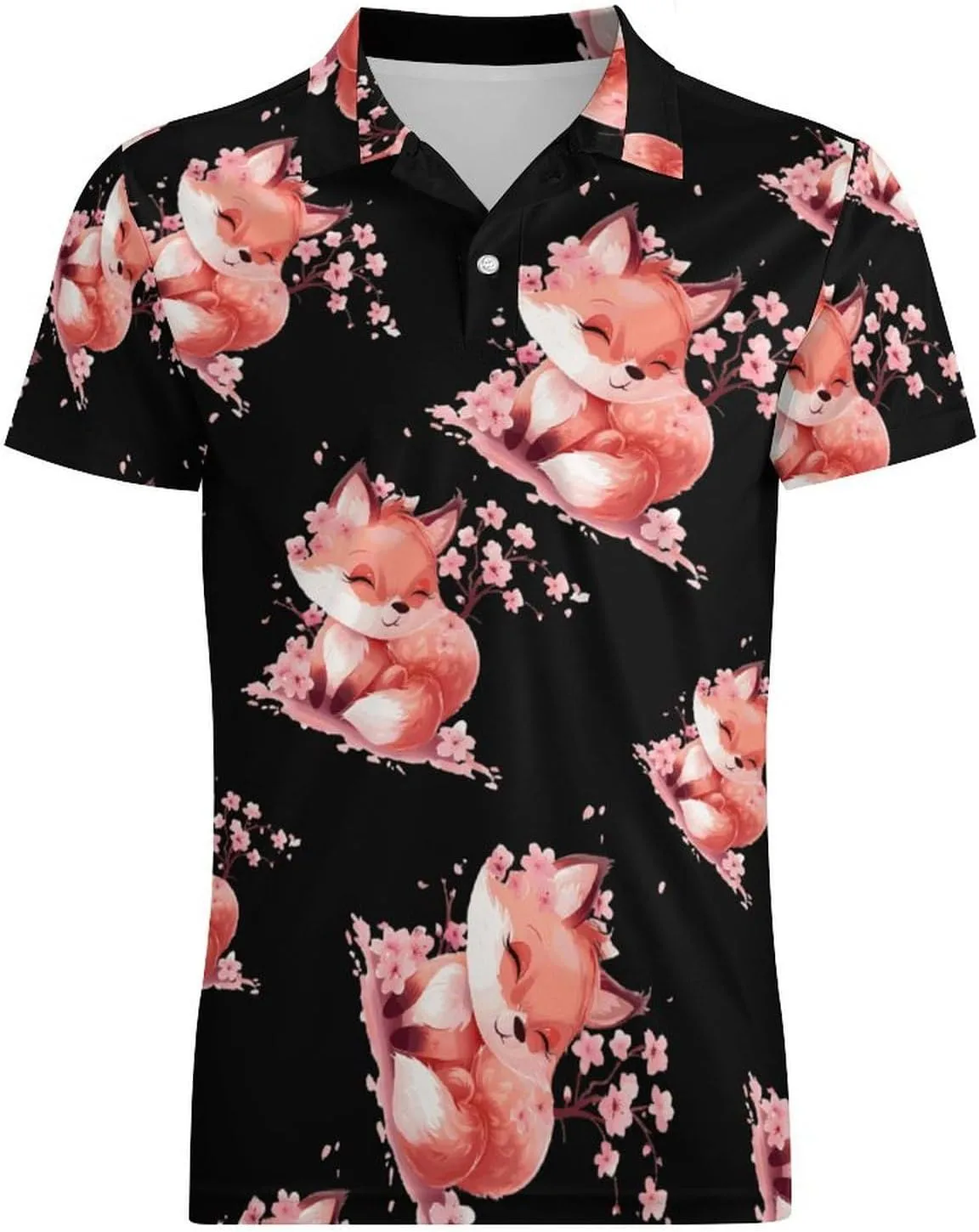 Cherry Flowers Fox Men's Polo Shirt Short Sleeve Print T Shirt Slim Fit Golf Shirt Collared Tee Casual Top