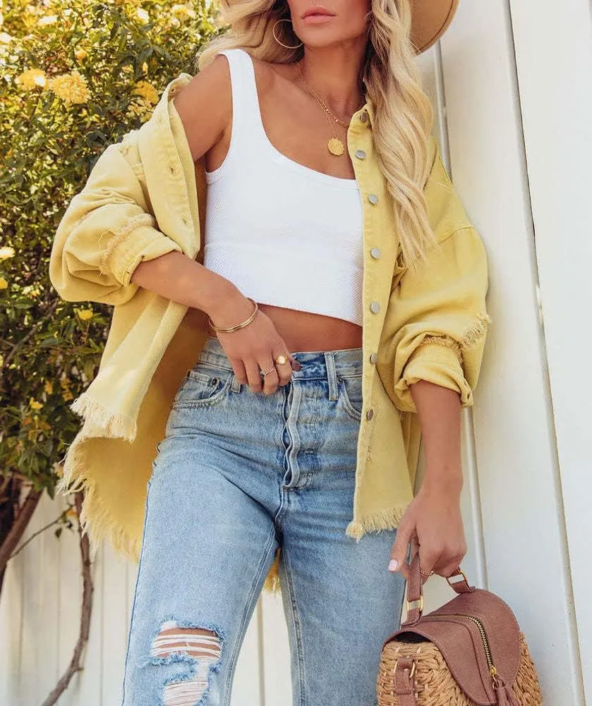 chouyatou Women's Boyfriend Ripped Holes Frayed Raw Hem Distressed Denim Jacket