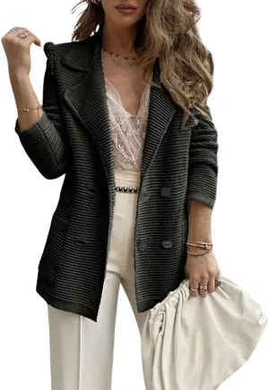 chouyatou Women's Casual Notched Lapel Double Breasted Large Pocket Ribbed Blazer Jacket