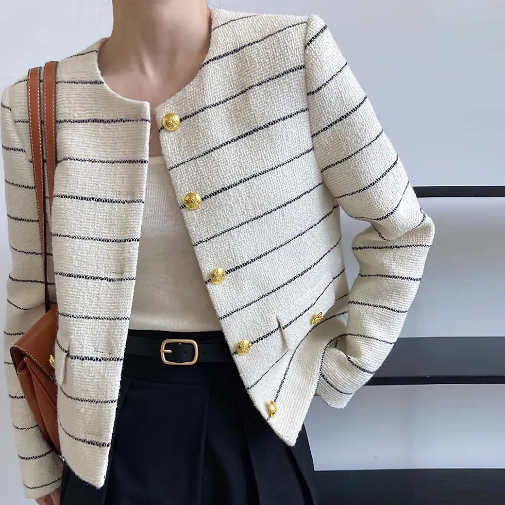 chouyatou Women's Elegant Business Casual Striped Tweed Blazer Cropped Jacket Open Front Short Suit Top