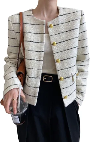 chouyatou Women's Elegant Business Casual Striped Tweed Blazer Cropped Jacket Open Front Short Suit Top