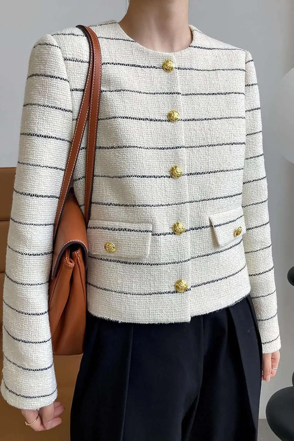 chouyatou Women's Elegant Business Casual Striped Tweed Blazer Cropped Jacket Open Front Short Suit Top