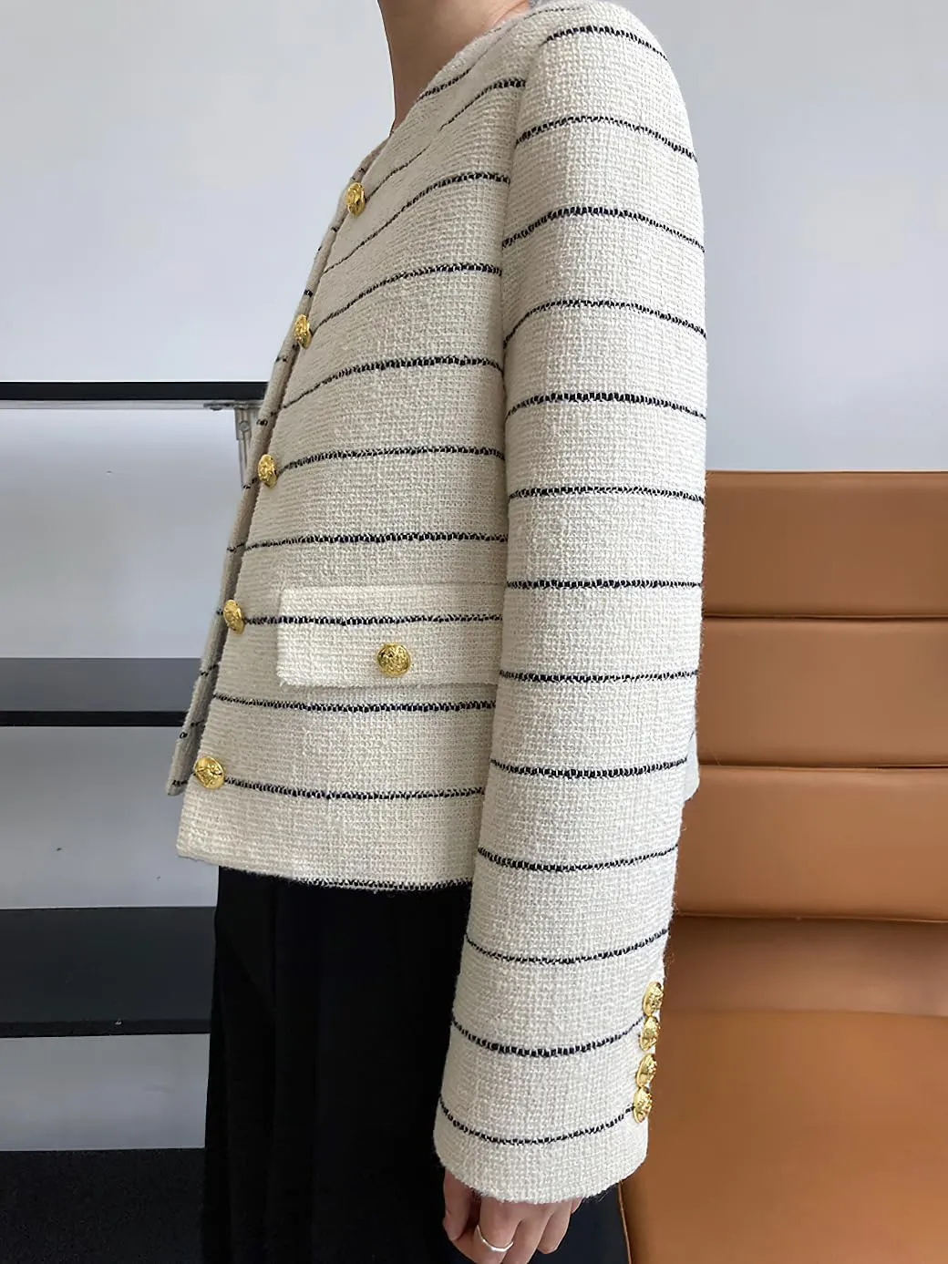 chouyatou Women's Elegant Business Casual Striped Tweed Blazer Cropped Jacket Open Front Short Suit Top