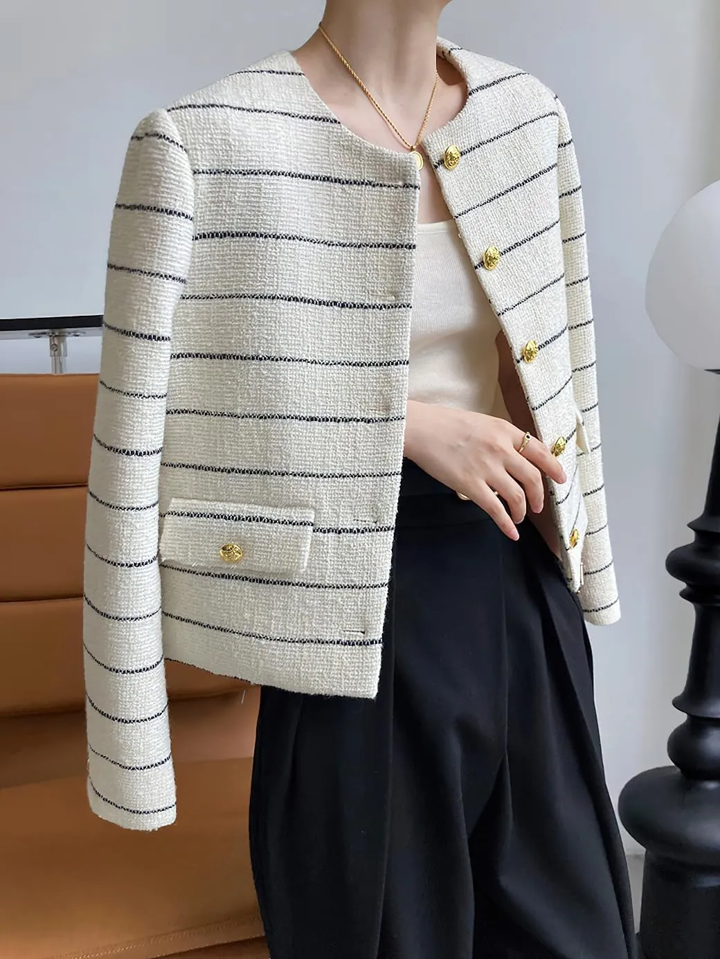 chouyatou Women's Elegant Business Casual Striped Tweed Blazer Cropped Jacket Open Front Short Suit Top