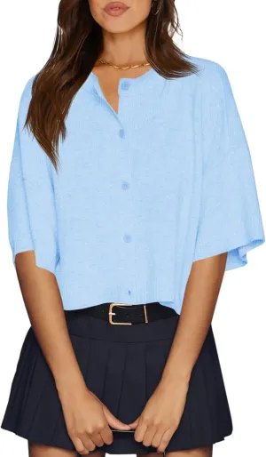 Cicy Bell Womens Half Sleeve Cardigan Sweaters Cropped Button Down Tops Oversized Lightweight Ribbed Knit Summer Outfits