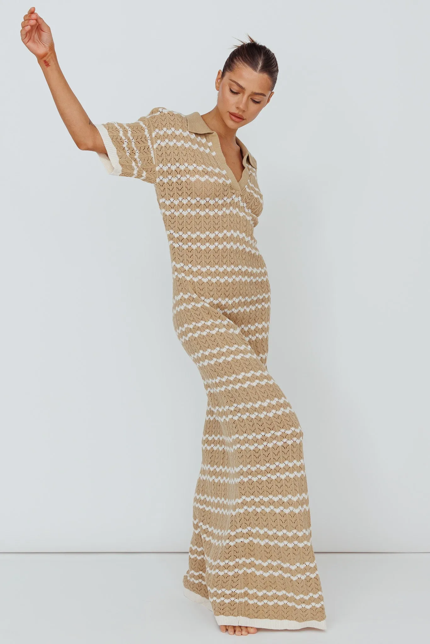 Clearwater Crochet Short Sleeve Maxi Dress Beige/White