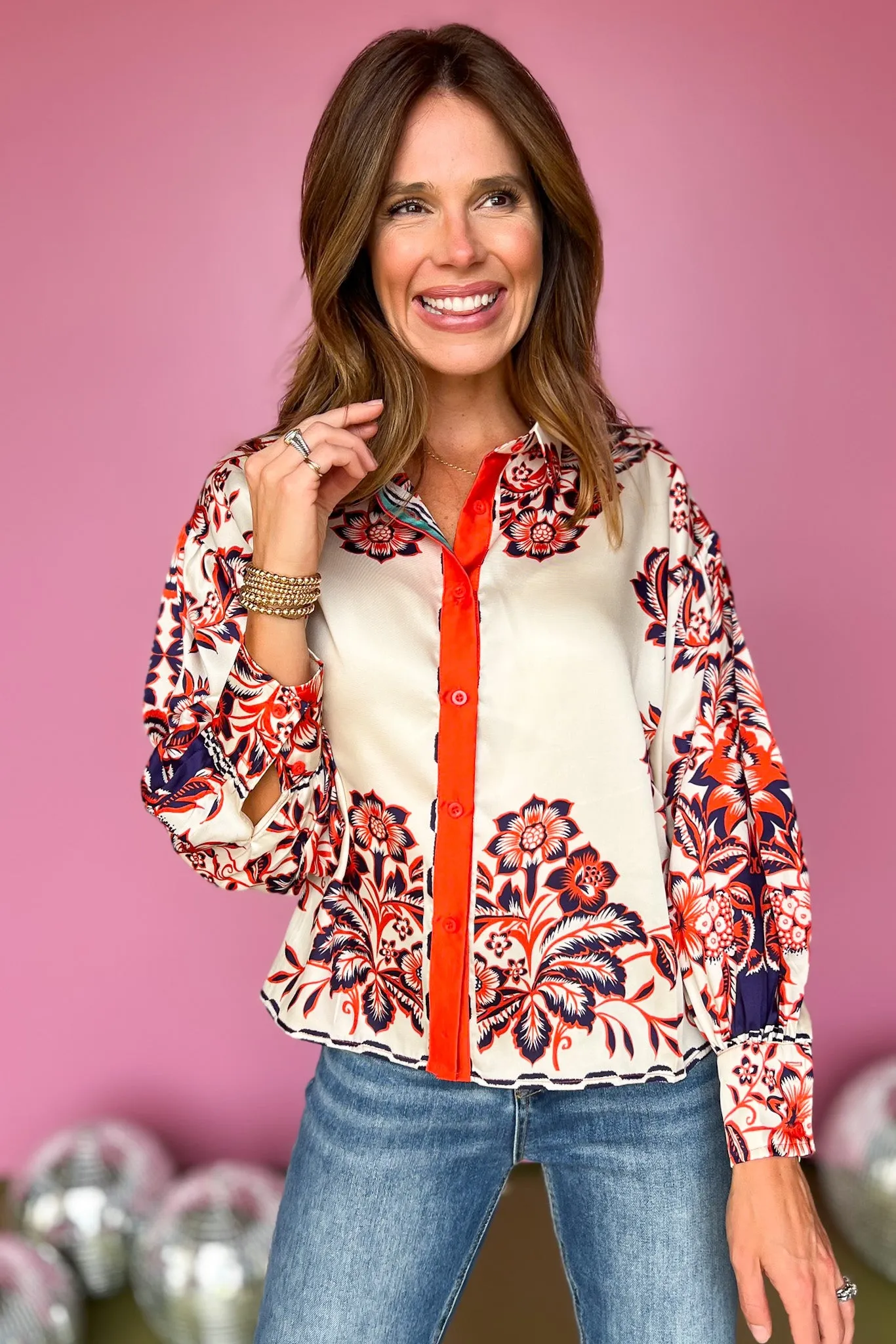 Coral Multi Print Satin Button Down Top *FINAL SALE*