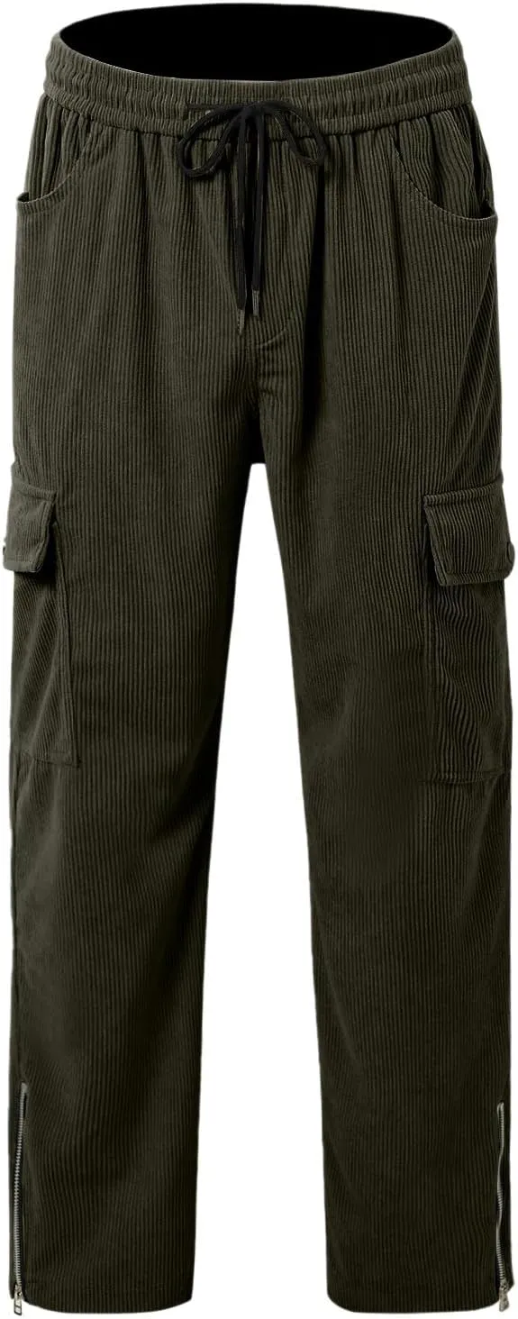 Corduroy Joggers Pants for Men Casual Baggy Cargo Pant Drawstring Elastic Waist Tapered Sweatpants with Multi-Pockets
