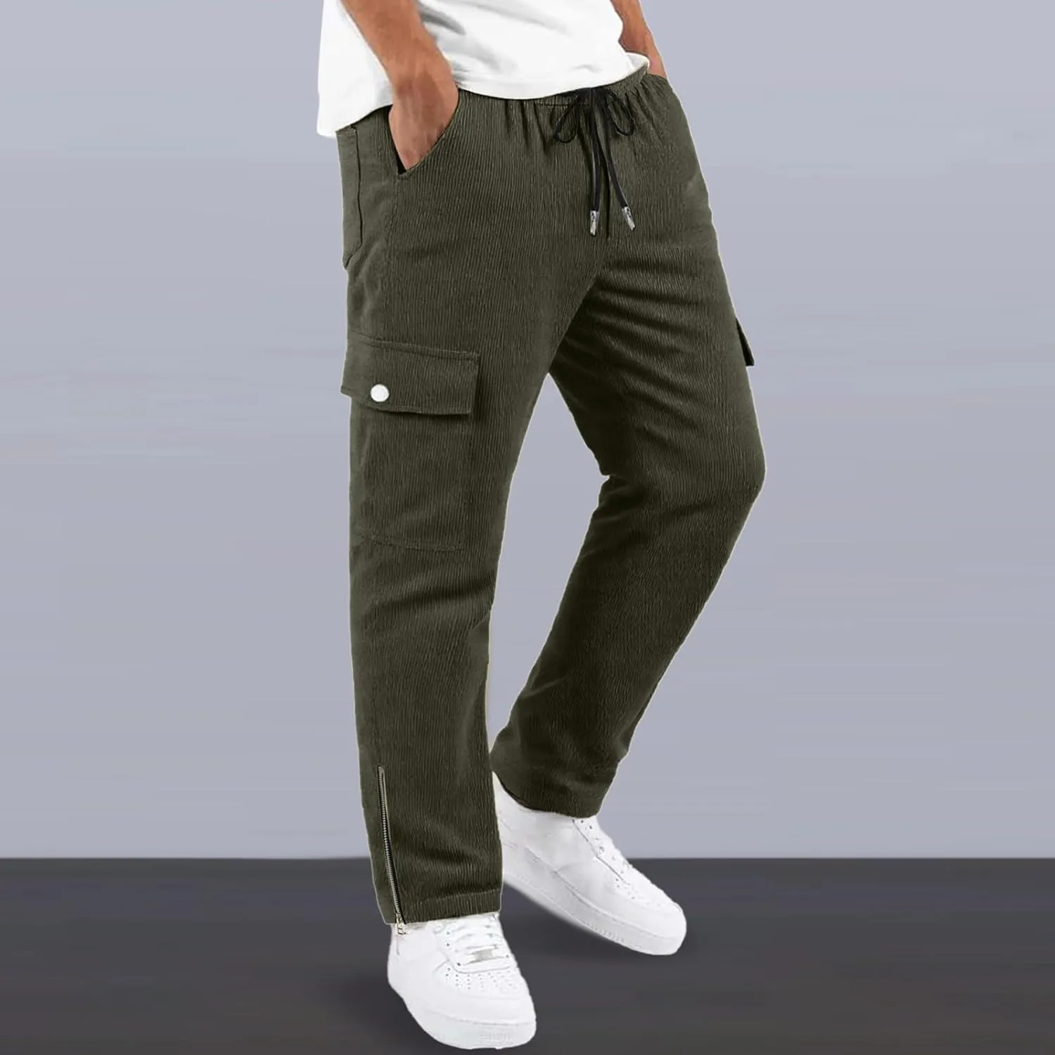 Corduroy Joggers Pants for Men Casual Baggy Cargo Pant Drawstring Elastic Waist Tapered Sweatpants with Multi-Pockets