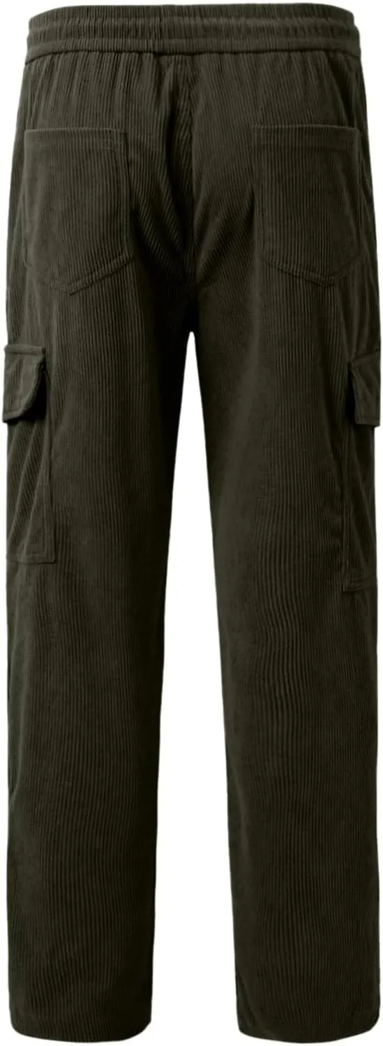 Corduroy Joggers Pants for Men Casual Baggy Cargo Pant Drawstring Elastic Waist Tapered Sweatpants with Multi-Pockets