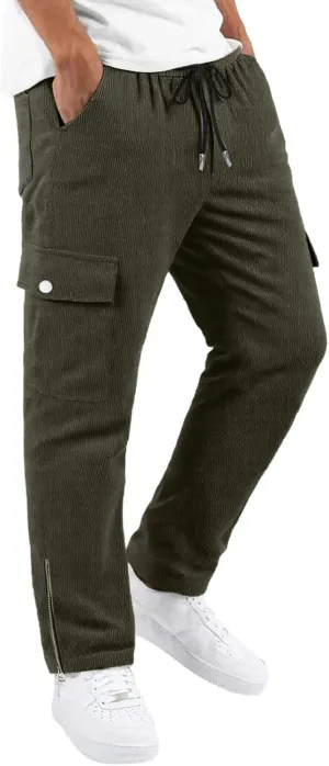 Corduroy Joggers Pants for Men Casual Baggy Cargo Pant Drawstring Elastic Waist Tapered Sweatpants with Multi-Pockets