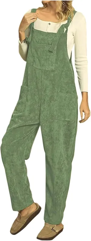 Corduroy Overalls for Women Baggy Adjustable Strap Rompers Fall Jumpsuit Comfy Loose Romper Pants with Pocket