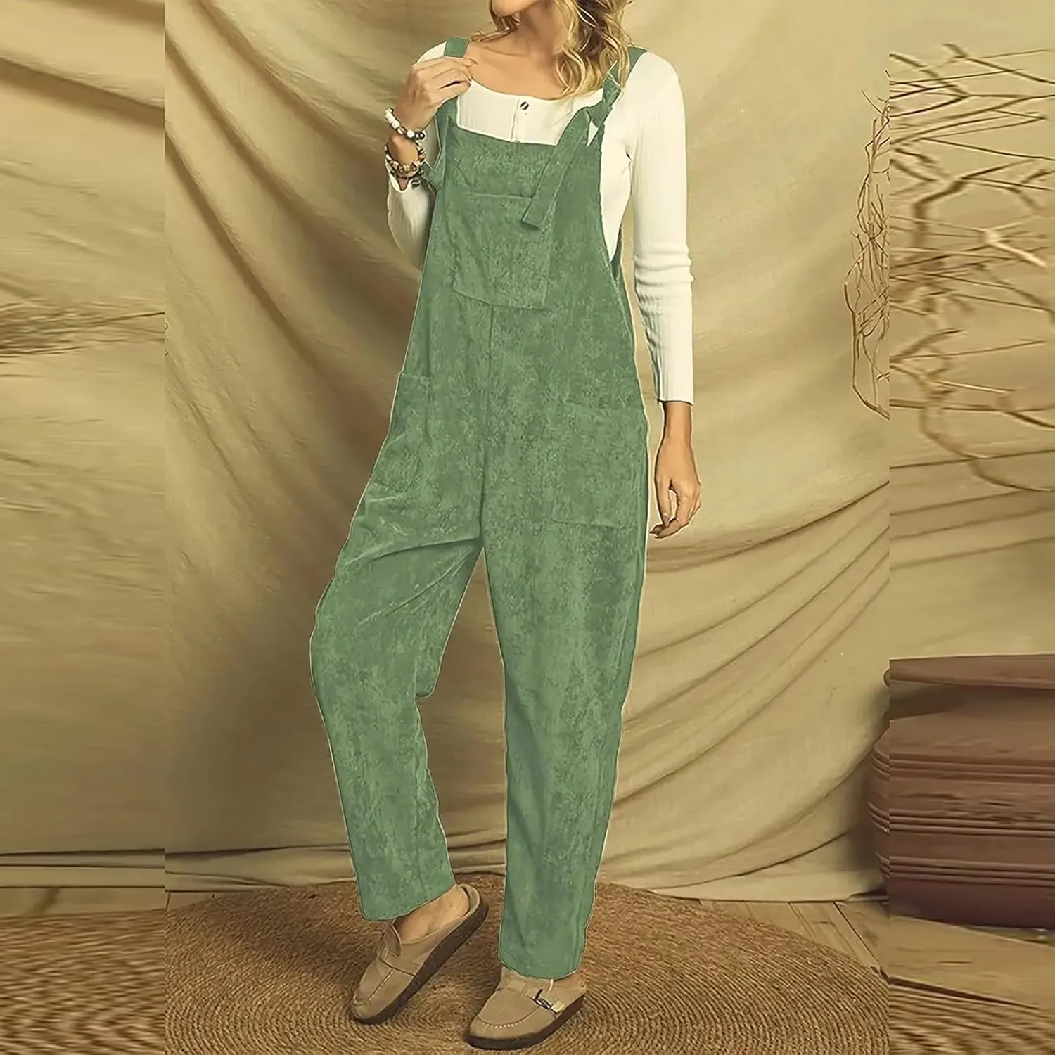 Corduroy Overalls for Women Baggy Adjustable Strap Rompers Fall Jumpsuit Comfy Loose Romper Pants with Pocket