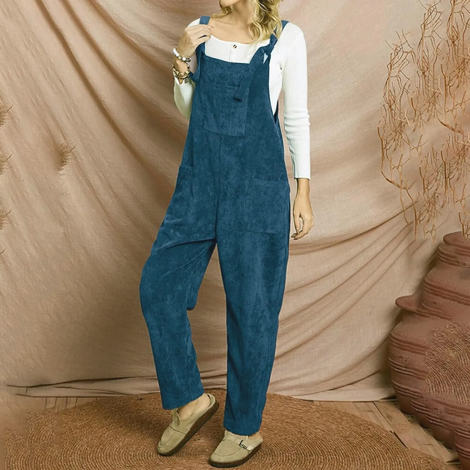 Corduroy Overalls for Women Baggy Adjustable Strap Rompers Fall Jumpsuit Comfy Loose Romper Pants with Pocket