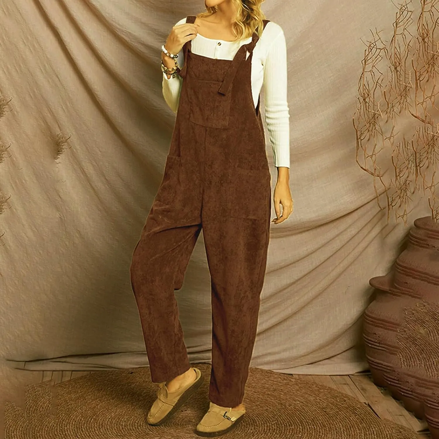 Corduroy Overalls for Women Baggy Adjustable Strap Rompers Fall Jumpsuit Comfy Loose Romper Pants with Pocket