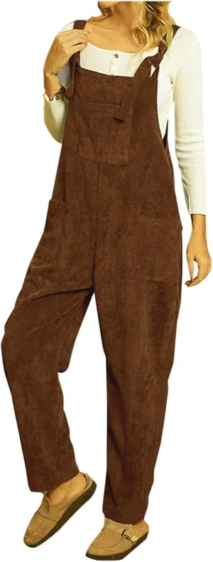 Corduroy Overalls for Women Baggy Adjustable Strap Rompers Fall Jumpsuit Comfy Loose Romper Pants with Pocket