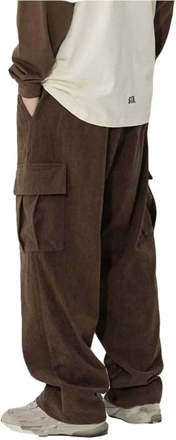 Corduroy Pants for Men, Men's Corduroy Pants Jogger Baggy Wide Leg Stretch Elastic Waist Drawstring Relax Fit Trousers