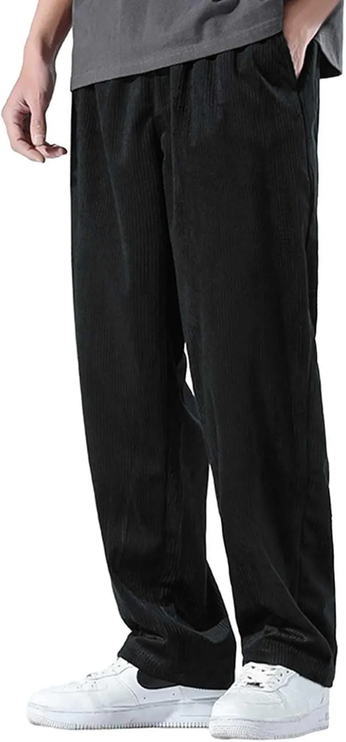 Corduroy Pants for Men, Men's Corduroy Pants Jogger Baggy Wide Leg Stretch Elastic Waist Drawstring Relax Fit Trousers
