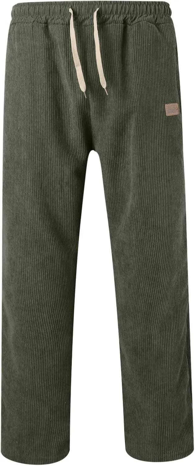 Corduroy Pants for Men, Men's Corduroy Pants Jogger Baggy Wide Leg Stretch Elastic Waist Drawstring Relax Fit Trousers