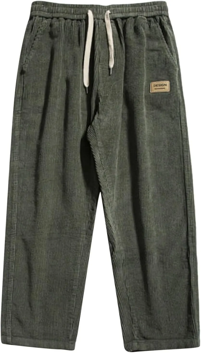 Corduroy Pants for Men, Men's Corduroy Pants Jogger Baggy Wide Leg Stretch Elastic Waist Drawstring Relax Fit Trousers