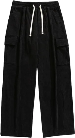 Corduroy Pants for Men, Men's Corduroy Pants Jogger Baggy Wide Leg Stretch Elastic Waist Drawstring Relax Fit Trousers