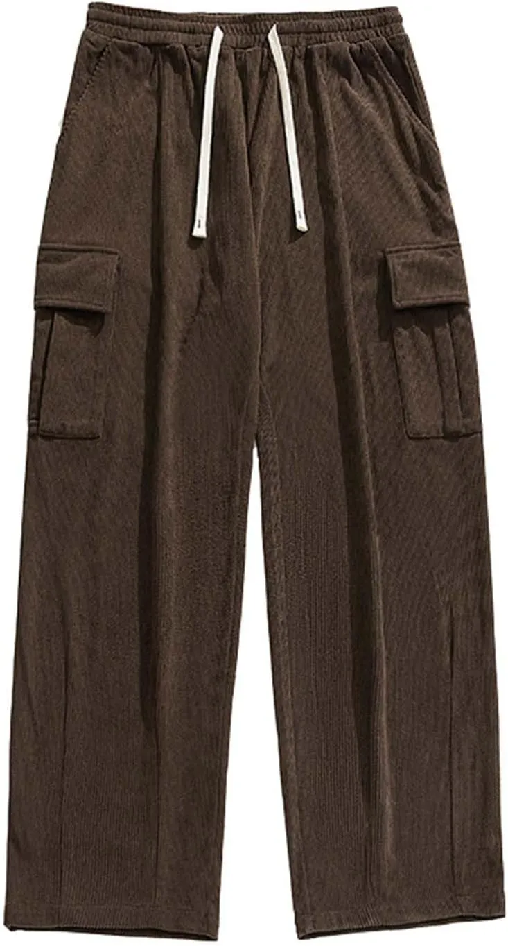 Corduroy Pants for Men, Men's Corduroy Pants Jogger Baggy Wide Leg Stretch Elastic Waist Drawstring Relax Fit Trousers