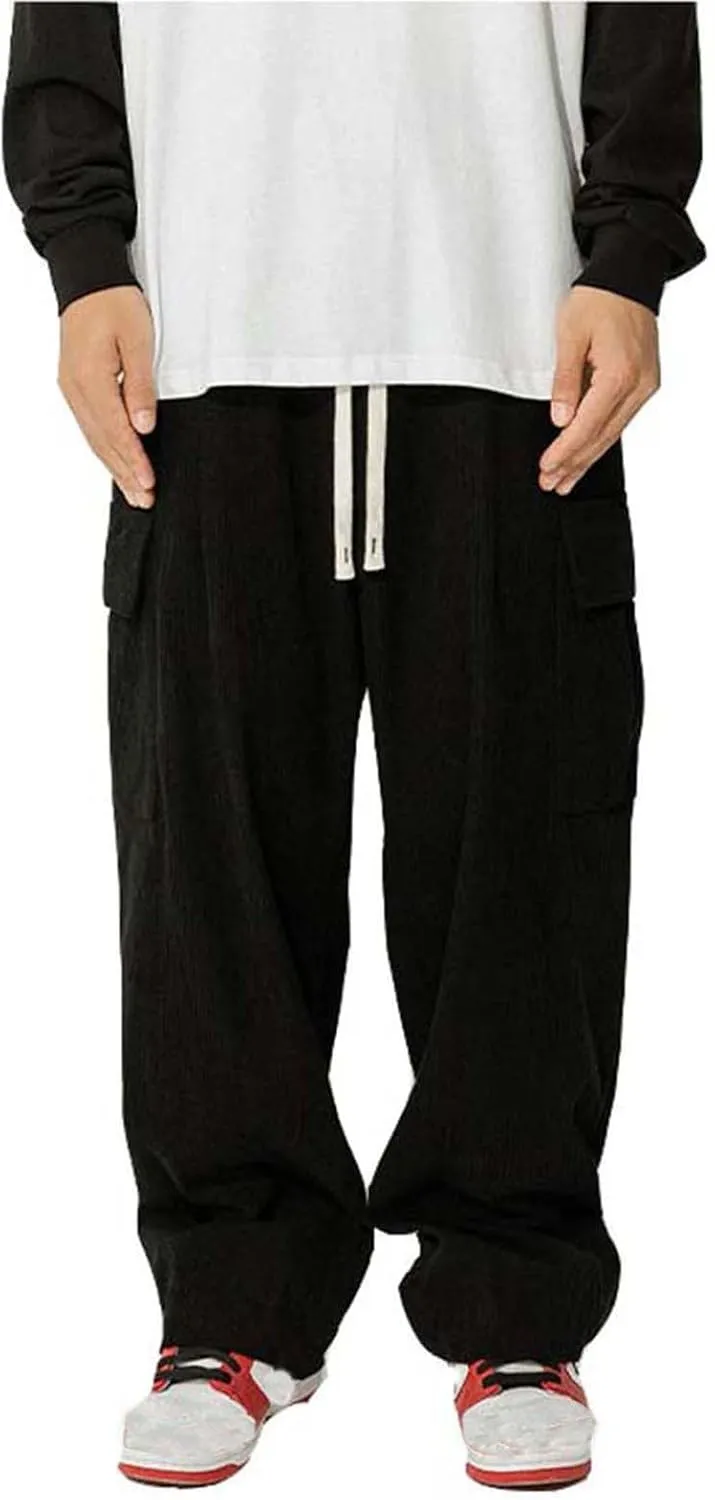 Corduroy Pants for Men, Men's Corduroy Pants Jogger Baggy Wide Leg Stretch Elastic Waist Drawstring Relax Fit Trousers
