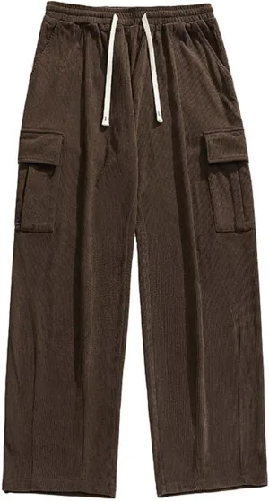 Corduroy Pants for Men, Men's Corduroy Pants Jogger Baggy Wide Leg Stretch Elastic Waist Drawstring Relax Fit Trousers