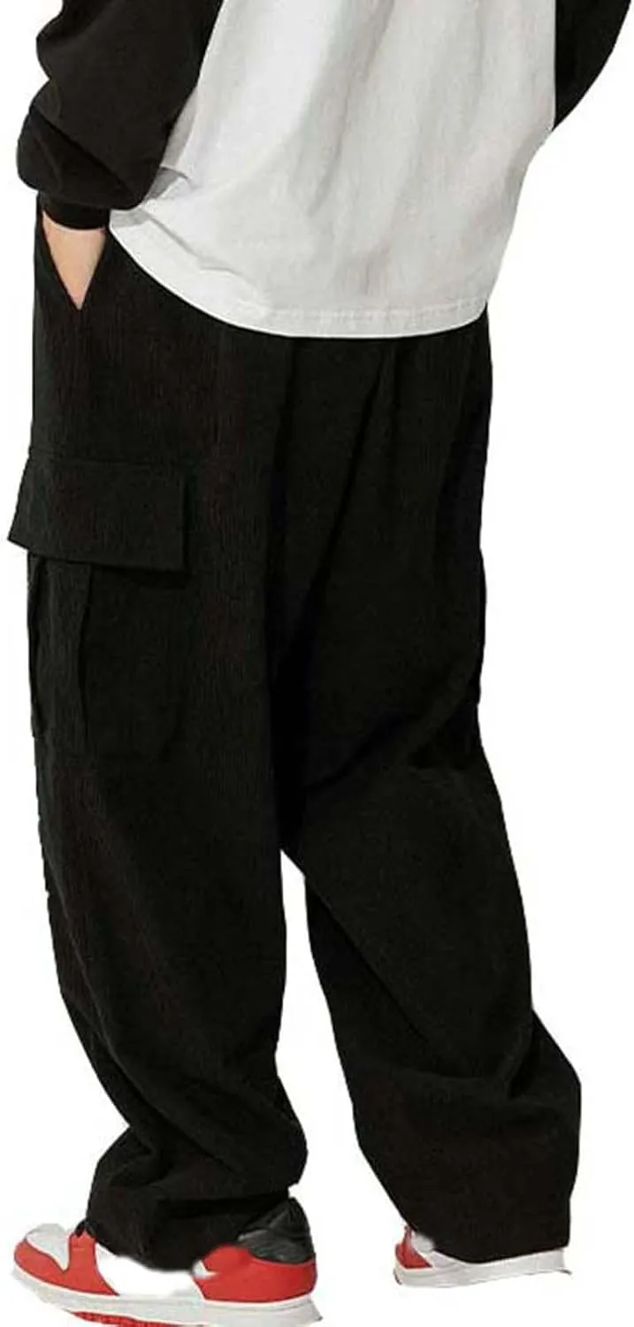 Corduroy Pants for Men, Men's Corduroy Pants Jogger Baggy Wide Leg Stretch Elastic Waist Drawstring Relax Fit Trousers