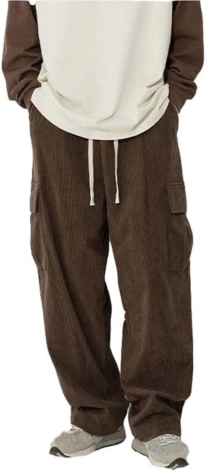 Corduroy Pants for Men, Men's Corduroy Pants Jogger Baggy Wide Leg Stretch Elastic Waist Drawstring Relax Fit Trousers