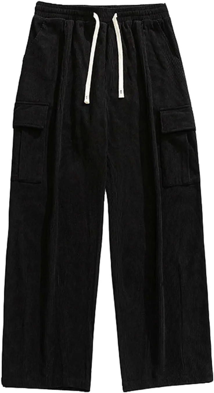 Corduroy Pants for Men, Men's Corduroy Pants Jogger Baggy Wide Leg Stretch Elastic Waist Drawstring Relax Fit Trousers