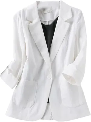 Cotton Linen Blazer for Womens Casual 3/4 Sleeve Open Front Linen Jackets
