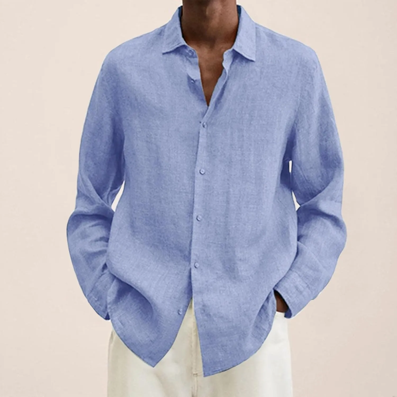 Cotton Linen Long Sleeve Button Down Shirts for Men Casual Solid Lapel Quick Dry Regular Fit Lightweight Breathable Tops