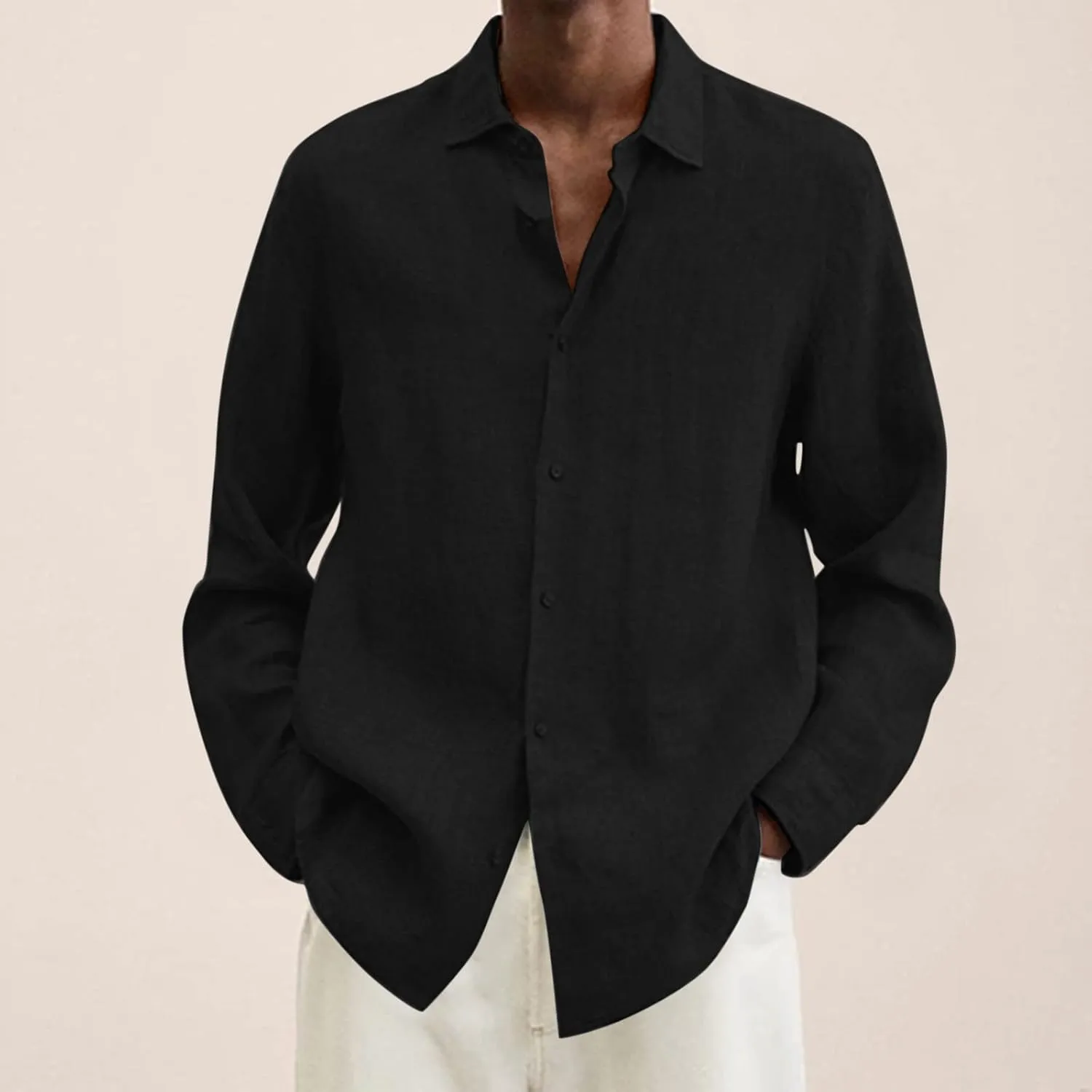 Cotton Linen Long Sleeve Button Down Shirts for Men Casual Solid Lapel Quick Dry Regular Fit Lightweight Breathable Tops
