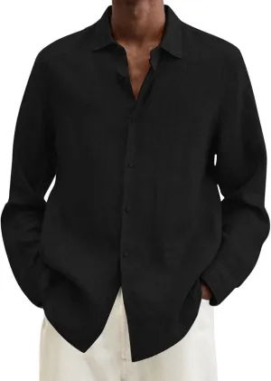 Cotton Linen Long Sleeve Button Down Shirts for Men Casual Solid Lapel Quick Dry Regular Fit Lightweight Breathable Tops