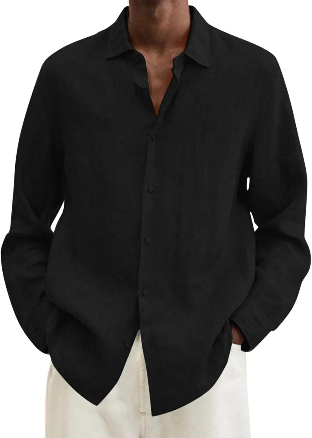 Cotton Linen Long Sleeve Button Down Shirts for Men Casual Solid Lapel Quick Dry Regular Fit Lightweight Breathable Tops