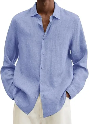 Cotton Linen Long Sleeve Button Down Shirts for Men Casual Solid Lapel Quick Dry Regular Fit Lightweight Breathable Tops
