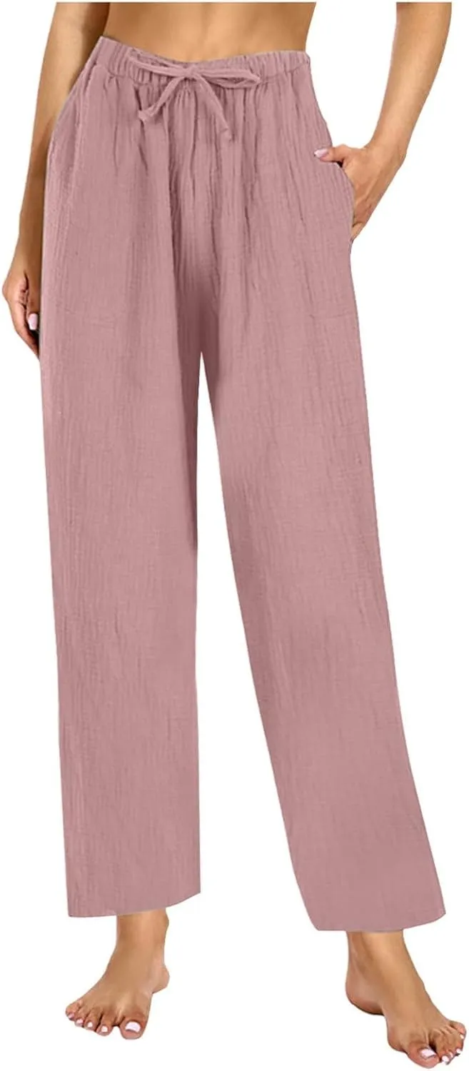 Cotton Linen Pants Women Casual Summer Pants Drawstring Wide Leg Pants with Pockets Soft Boho Petite Joggers Trendy Clothes