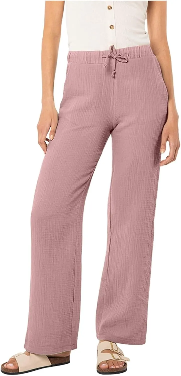 Cotton Linen Pants Women Casual Summer Pants Drawstring Wide Leg Pants with Pockets Soft Boho Petite Joggers Trendy Clothes