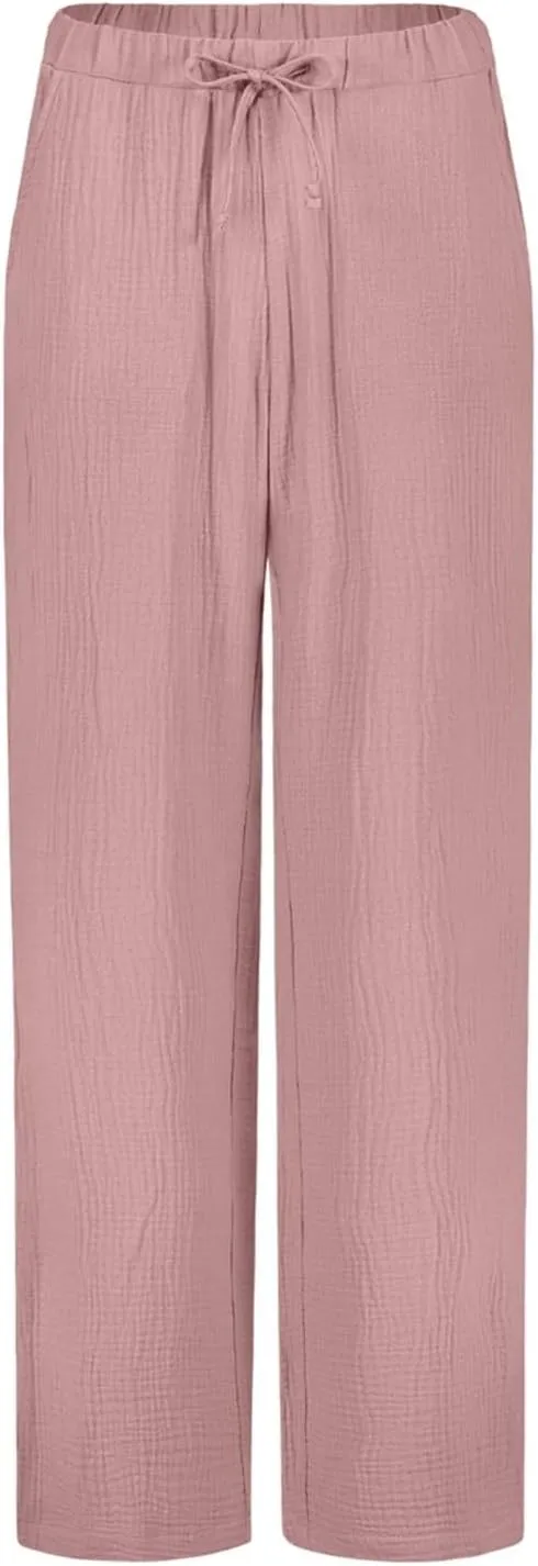 Cotton Linen Pants Women Casual Summer Pants Drawstring Wide Leg Pants with Pockets Soft Boho Petite Joggers Trendy Clothes