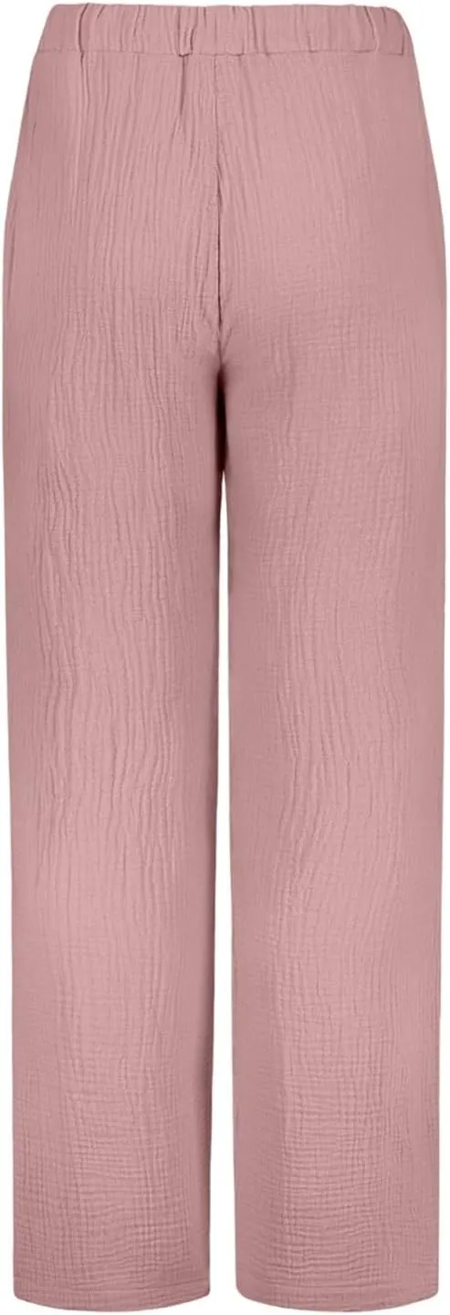 Cotton Linen Pants Women Casual Summer Pants Drawstring Wide Leg Pants with Pockets Soft Boho Petite Joggers Trendy Clothes