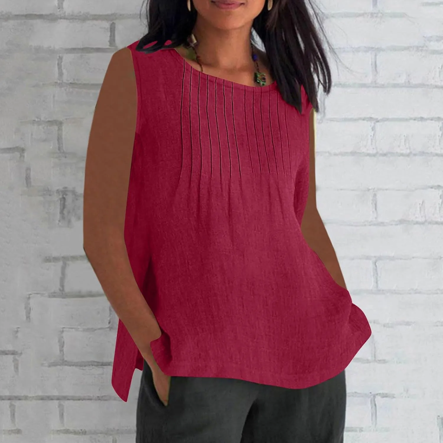 Crew Neck Linen Vest for Women Fall Summer Sleeveless Loose Fit Pleated Cami Tank Basic Tops Vests Women 2025
