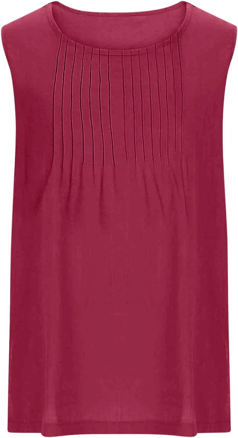 Crew Neck Linen Vest for Women Fall Summer Sleeveless Loose Fit Pleated Cami Tank Basic Tops Vests Women 2025